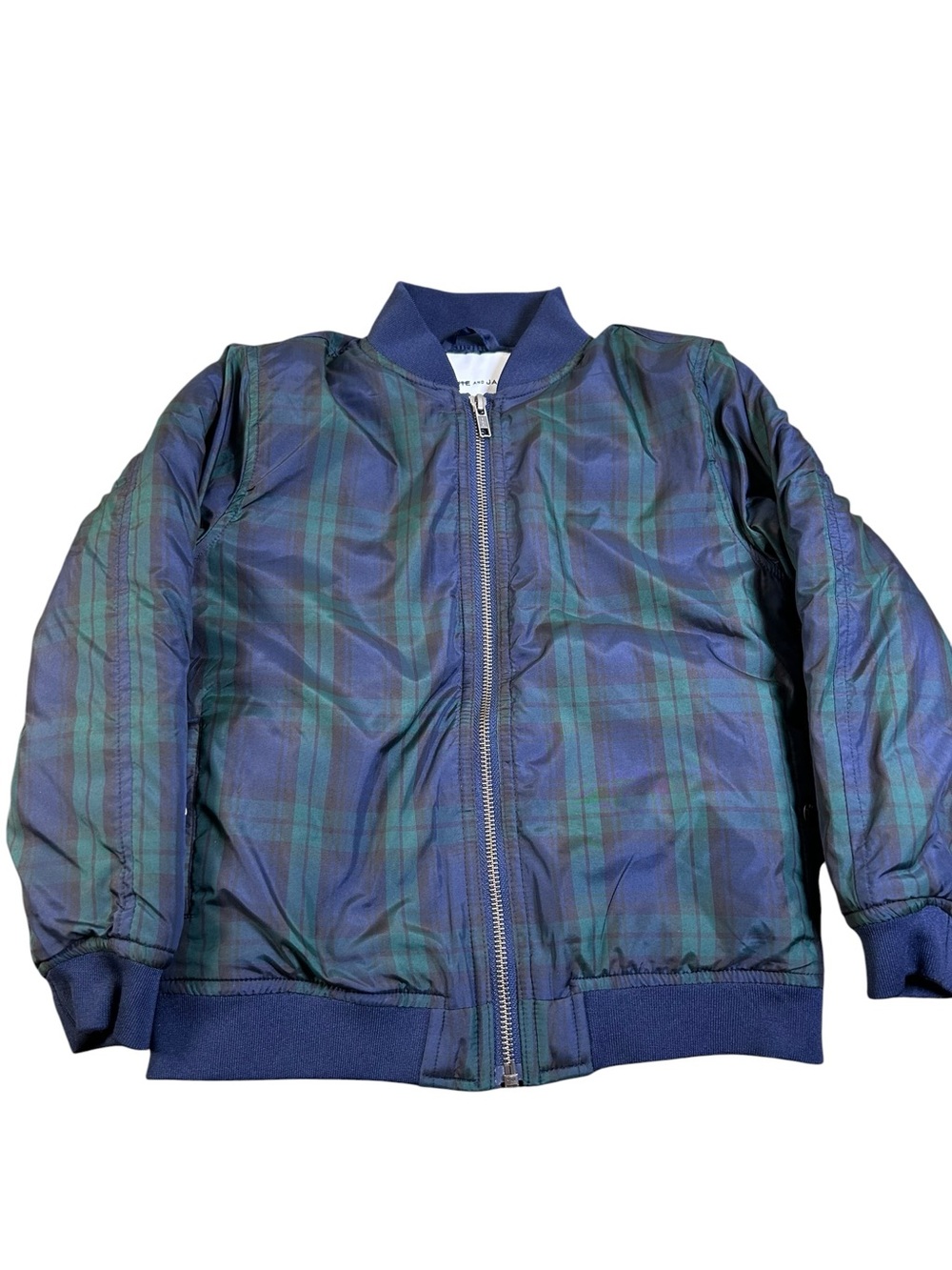 JANIE AND JACK Boys Plaid Bomber Jacket Navy Green Tartan Size 5-6 Preppy